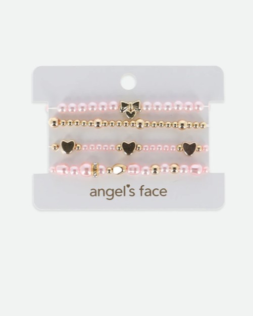 Heart and Pearl Bracelet Set Pink/Gold
